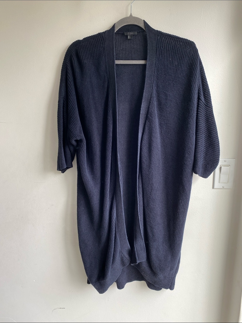 Cos Navy Blue Long Knit Linen Cardigan Open Front S